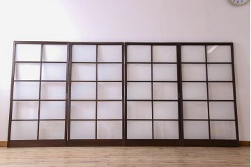 和製アンティーク　おしゃれな市松模様のガラス戸4枚セット