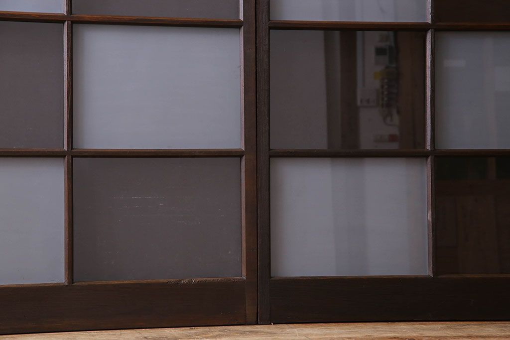 和製アンティーク　おしゃれな市松模様のガラス戸2枚セット