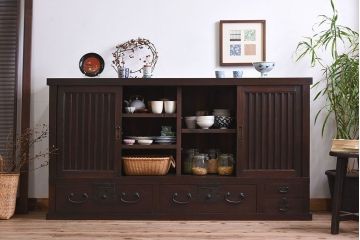 アンティーク家具　明治期　六尺　縦桟四枚引き戸　収納箪笥サイドボード(水屋箪笥)