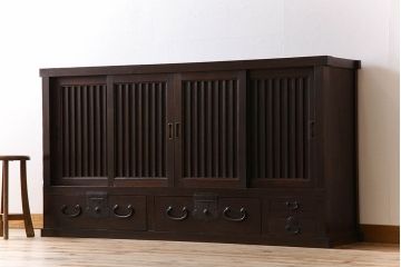 アンティーク家具　明治期　六尺　縦桟四枚引き戸　収納箪笥サイドボード(水屋箪笥)