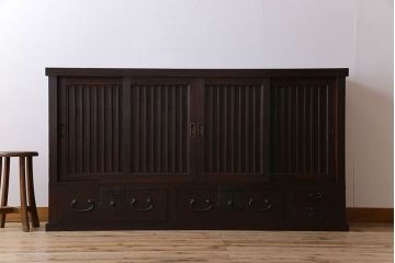 アンティーク家具　明治期　六尺　縦桟四枚引き戸　収納箪笥サイドボード(水屋箪笥)
