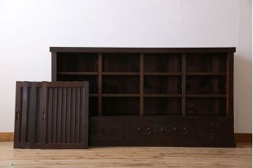アンティーク家具　明治期　六尺　縦桟四枚引き戸　収納箪笥サイドボード(水屋箪笥)
