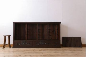 アンティーク家具　明治期　六尺　縦桟四枚引き戸　収納箪笥サイドボード(水屋箪笥)