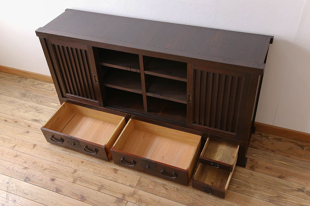 アンティーク家具　明治期　六尺　縦桟四枚引き戸　収納箪笥サイドボード(水屋箪笥)