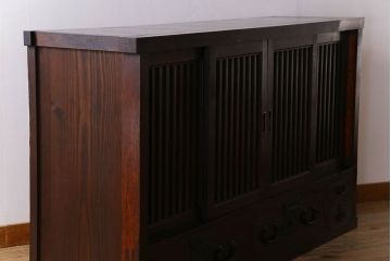 アンティーク家具　明治期　六尺　縦桟四枚引き戸　収納箪笥サイドボード(水屋箪笥)