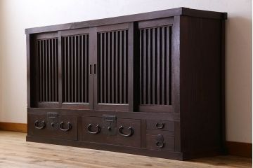 アンティーク家具　明治期　六尺　縦桟四枚引き戸　収納箪笥サイドボード(水屋箪笥)