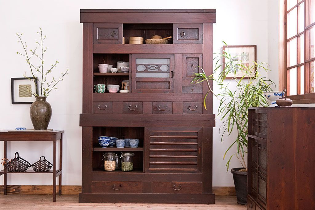 アンティーク家具　変わり型　上手物　古民具・骨董　明治大正期　二段重ね四尺水屋箪笥