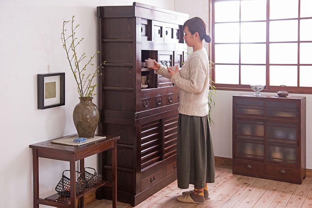 アンティーク家具　変わり型　上手物　古民具・骨董　明治大正期　二段重ね四尺水屋箪笥