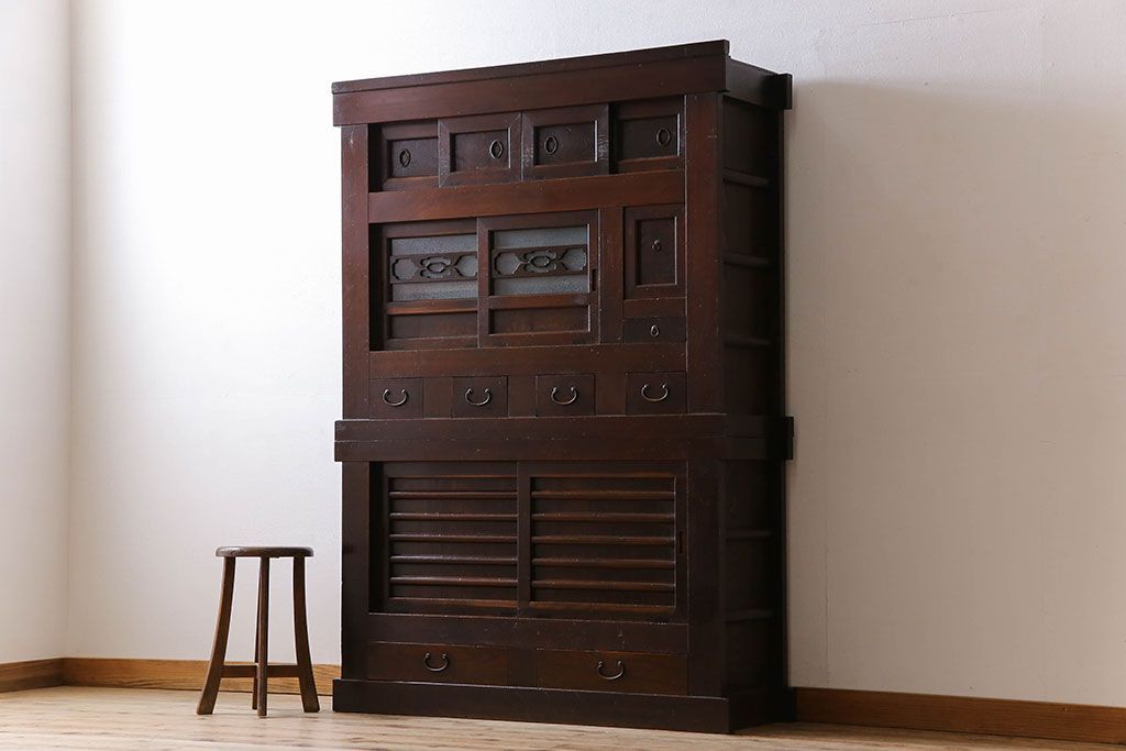 アンティーク家具　変わり型　上手物　古民具・骨董　明治大正期　二段重ね四尺水屋箪笥