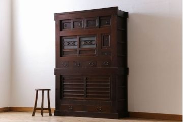 アンティーク家具　変わり型　上手物　古民具・骨董　明治大正期　二段重ね四尺水屋箪笥