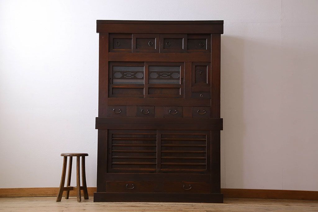 アンティーク家具　変わり型　上手物　古民具・骨董　明治大正期　二段重ね四尺水屋箪笥