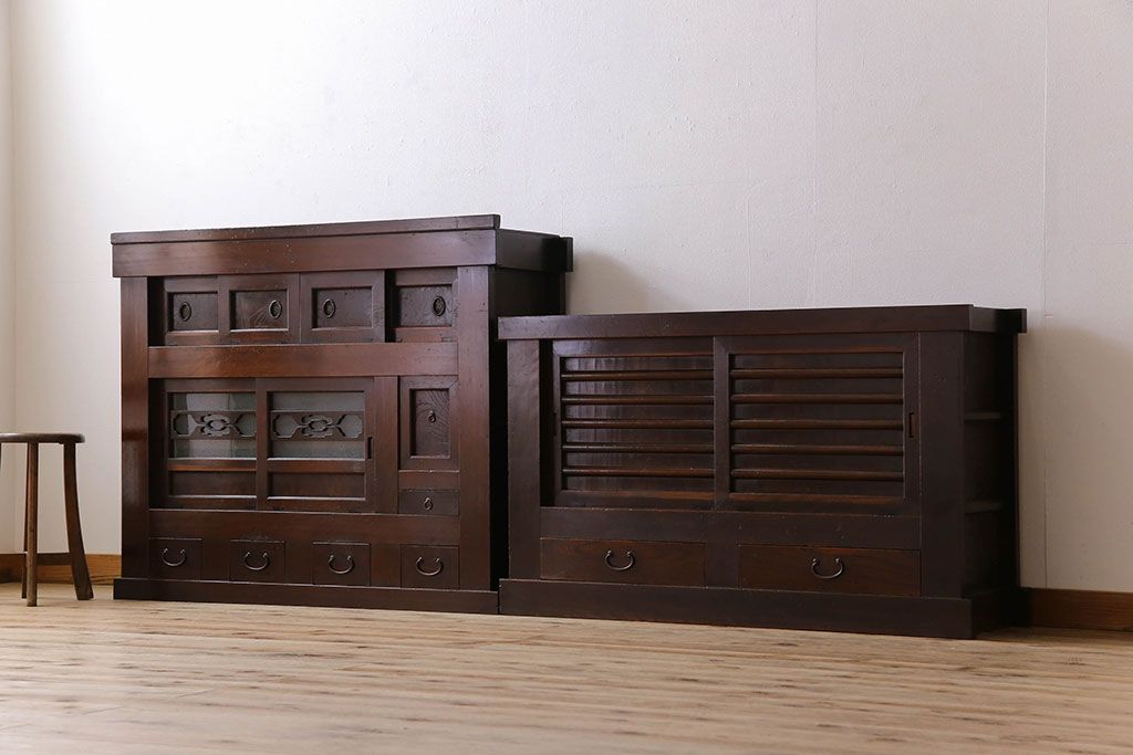 アンティーク家具　変わり型　上手物　古民具・骨董　明治大正期　二段重ね四尺水屋箪笥