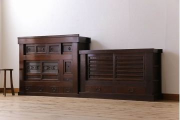 アンティーク家具　変わり型　上手物　古民具・骨董　明治大正期　二段重ね四尺水屋箪笥