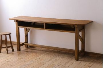 アンティーク家具　アンティーク　古いナラ材製のシンプルな横長作業台(テーブル)