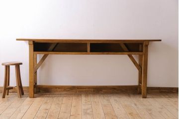 アンティーク家具　アンティーク　古いナラ材製のシンプルな横長作業台(テーブル)