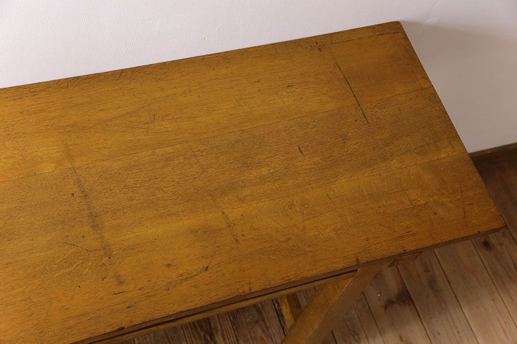 アンティーク家具　アンティーク　古いナラ材製のシンプルな横長作業台(テーブル)