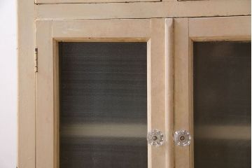 アンティーク家具　ガラスの取っ手のペイントデンタルキャビネット　ミストガラス