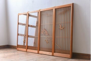 松竹梅・鶴亀の彫刻　アンティーク　ガラス入り書院戸(書院障子)4枚セット