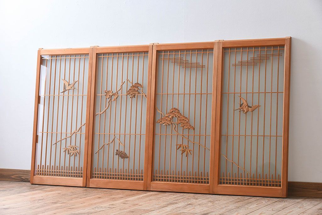 松竹梅・鶴亀の彫刻　アンティーク　ガラス入り書院戸(書院障子)4枚セット