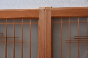 松竹梅・鶴亀の彫刻　アンティーク　ガラス入り書院戸(書院障子)4枚セット