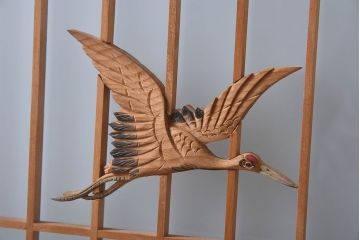 松竹梅・鶴亀の彫刻　アンティーク　ガラス入り書院戸(書院障子)4枚セット