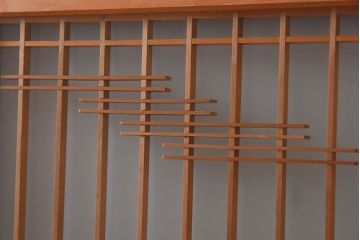 松竹梅・鶴亀の彫刻　アンティーク　ガラス入り書院戸(書院障子)4枚セット