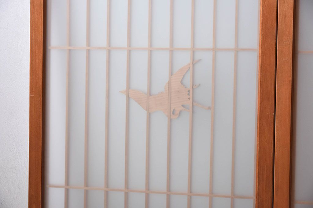 松竹梅・鶴亀の彫刻　アンティーク　ガラス入り書院戸(書院障子)4枚セット