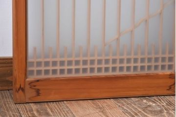 松竹梅・鶴亀の彫刻　アンティーク　ガラス入り書院戸(書院障子)4枚セット