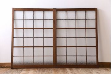 ダイヤガラス入り!古い木味の小さな格子戸2枚セット(窓)