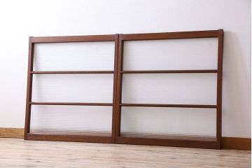 アンティーク　レトロな古い木味の銀モールガラス入り引き戸2枚セット(窓)