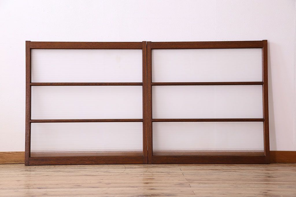 アンティーク　レトロな古い木味の銀モールガラス入り引き戸2枚セット(窓)