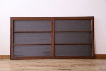 アンティーク　レトロな古い木味の銀モールガラス入り引き戸2枚セット(窓)