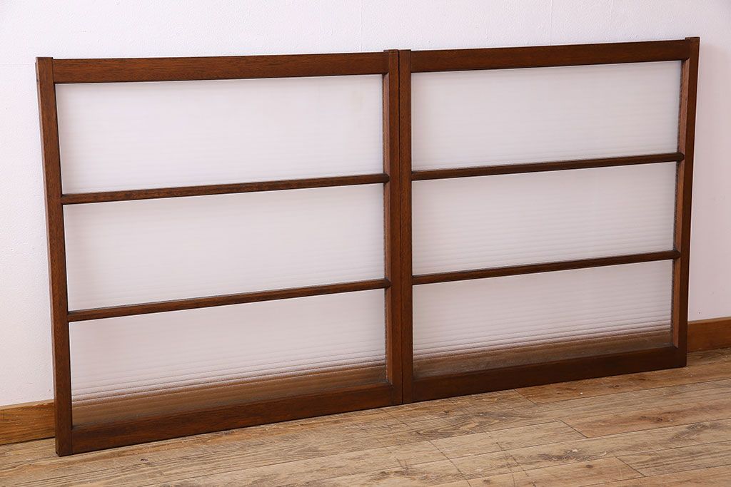 アンティーク　レトロな古い木味の銀モールガラス入り引き戸2枚セット(窓)