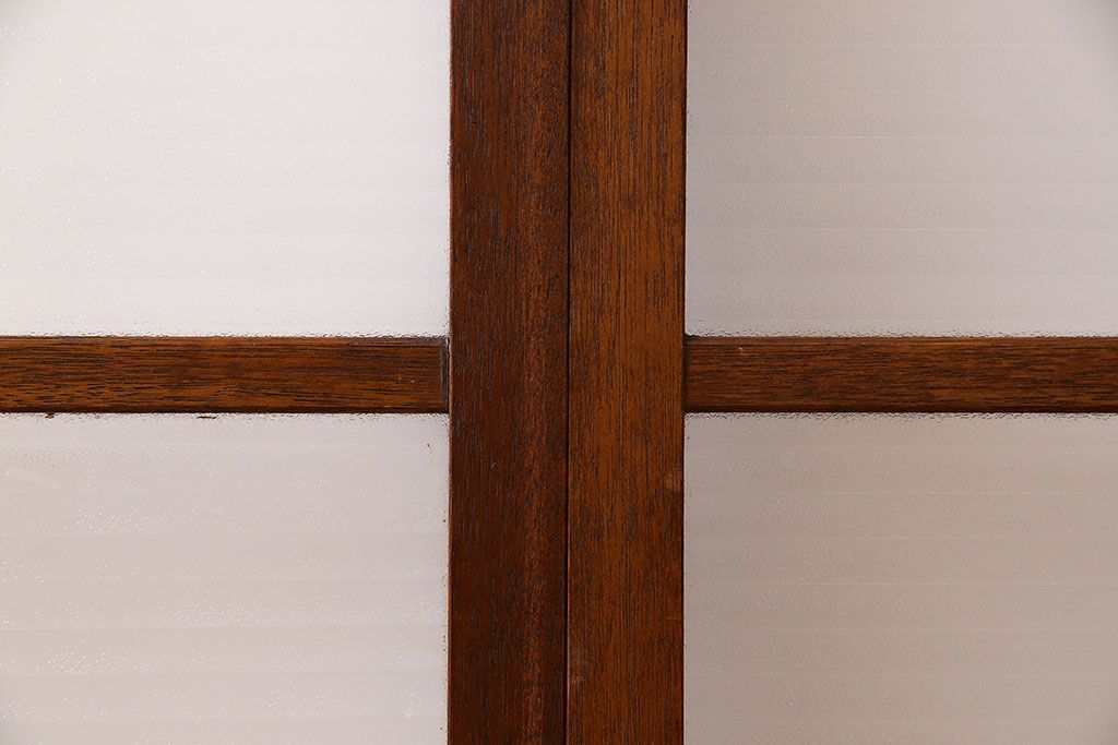 アンティーク　レトロな古い木味の銀モールガラス入り引き戸2枚セット(窓)