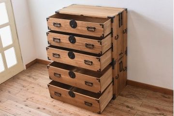 アンティーク家具　古民具・骨董　五丁引きの上手物!総桐材の重ね庄内箪笥(桐箪笥、桐たんす)