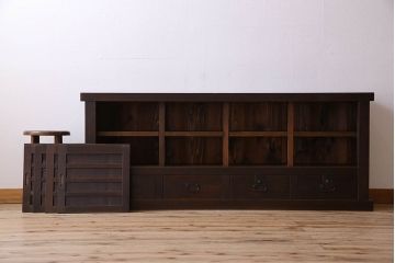 アンティーク家具　明治期　五尺　横桟四枚引き戸　収納箪笥ローボード(水屋箪笥、テレビ台、キャビネット、収納棚)