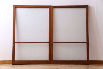 アンティーク　レトロな古い木味の銀モールガラス入り引き戸2枚セット(窓)(2)