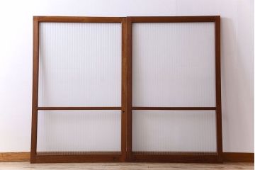 アンティーク　レトロな古い木味の銀モールガラス入り引き戸2枚セット(窓)(2)