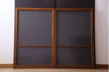 アンティーク　レトロな古い木味の銀モールガラス入り引き戸2枚セット(窓)(2)