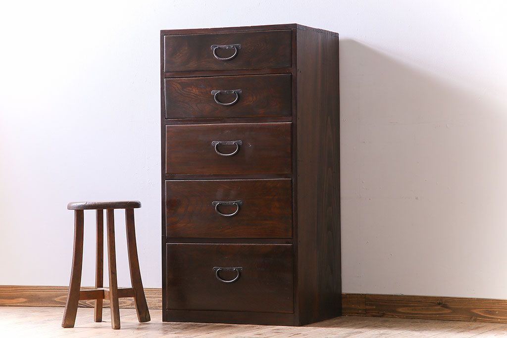 アンティーク家具　前面欅材　大正期　古い木の上質な縦型引き出し　アンティーク