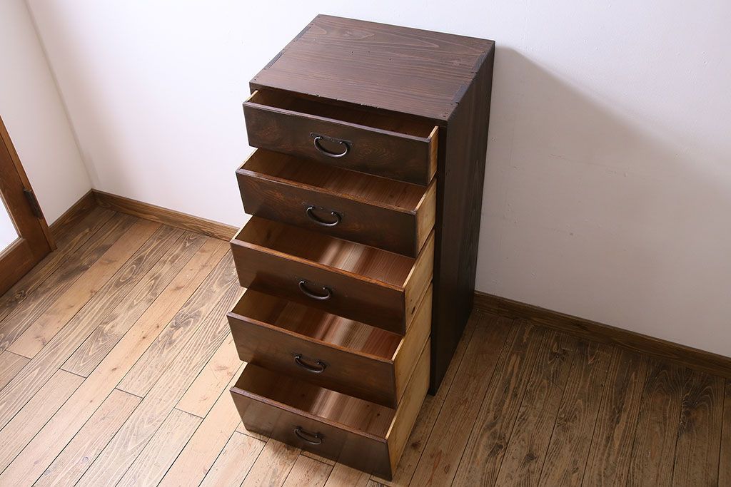 アンティーク家具　前面欅材　大正期　古い木の上質な縦型引き出し　アンティーク
