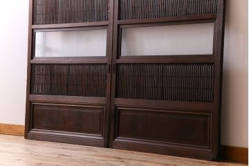 アンティーク　裏障子付き　上品なデザイン!気泡ガラス帯の格子戸2枚セット