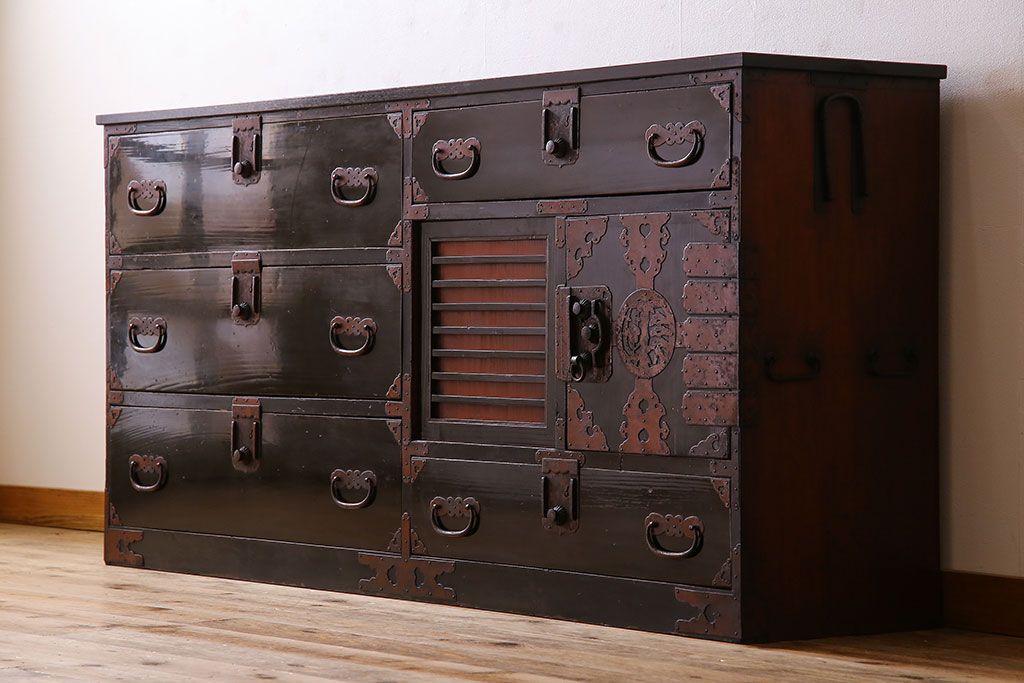 アンティーク家具　明治大正期　古民具・骨董　かくし付き!六尺　大川箪笥のサイドボード(水屋箪笥)