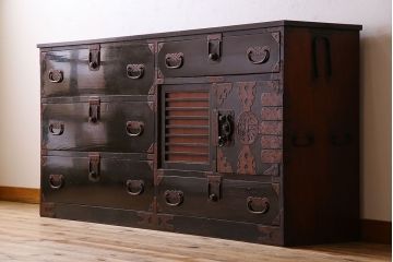 アンティーク家具　明治大正期　古民具・骨董　かくし付き!六尺　大川箪笥のサイドボード(水屋箪笥)