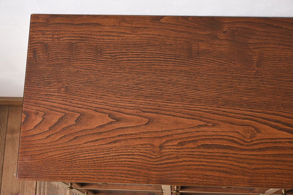 アンティーク家具　アンティーク　結霜ガラスが美しいペイント収納棚(カウンターテーブル)