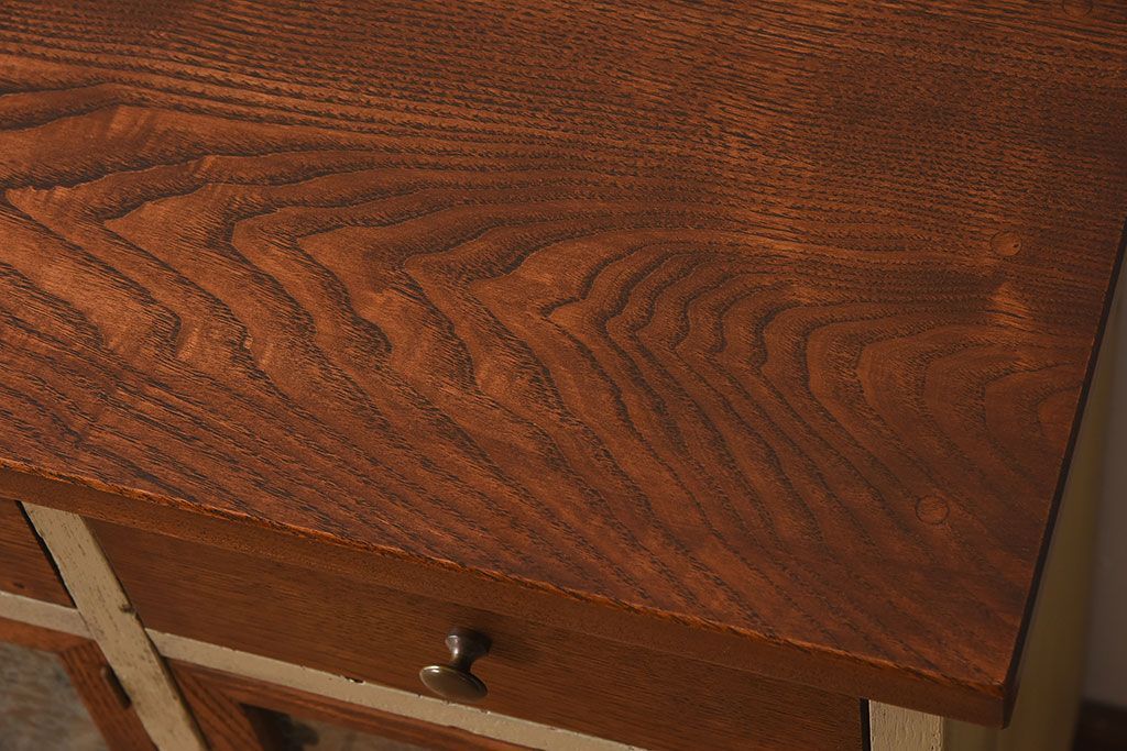 アンティーク家具　アンティーク　結霜ガラスが美しいペイント収納棚(カウンターテーブル)