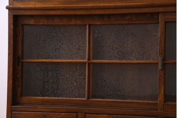 アンティーク家具　和製アンティーク　極上品!結霜ガラス引き戸の二段重ね収納棚(食器棚・水屋箪笥)