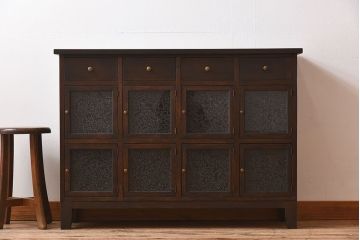 アンティーク家具　和製アンティーク　結霜ガラスがおしゃれなマス目収納棚(カウンターテーブル)