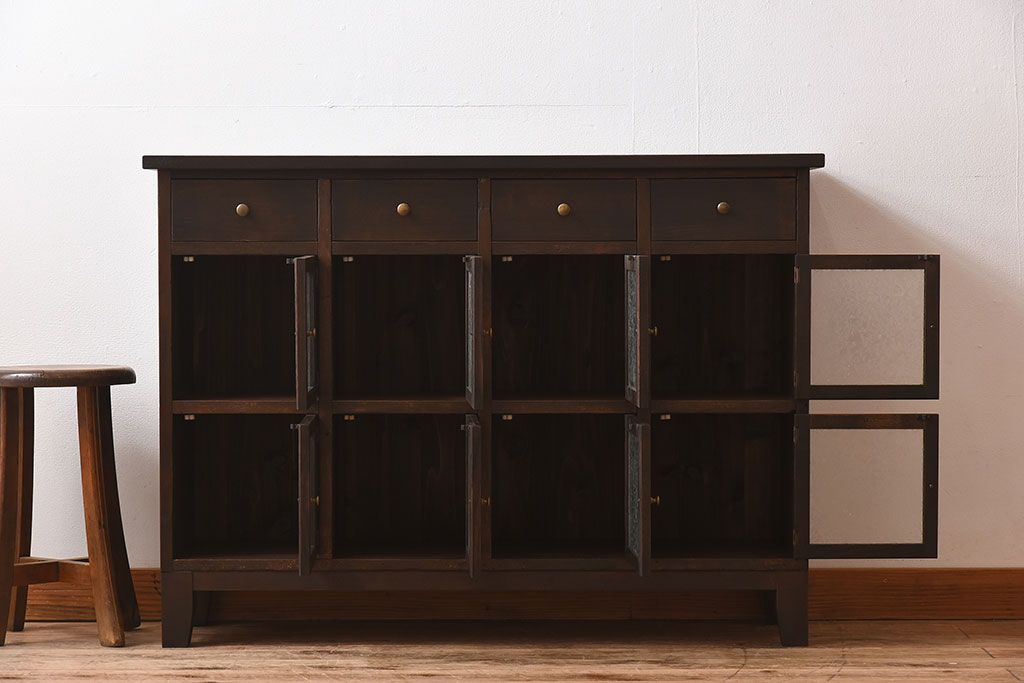 アンティーク家具　和製アンティーク　結霜ガラスがおしゃれなマス目収納棚(カウンターテーブル)