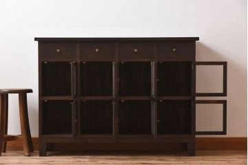 アンティーク家具　和製アンティーク　結霜ガラスがおしゃれなマス目収納棚(カウンターテーブル)